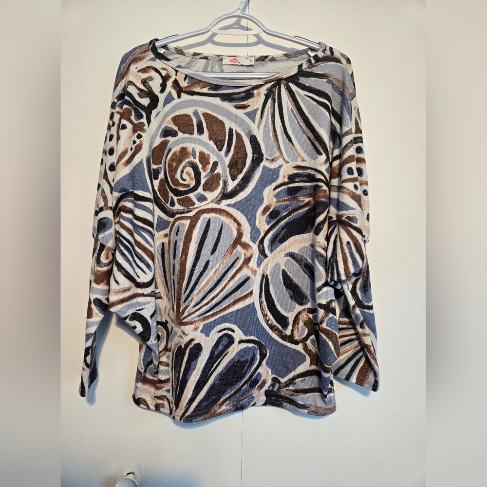 Aryeh Oversized Blue‎ and Brown Shell Print Blouse